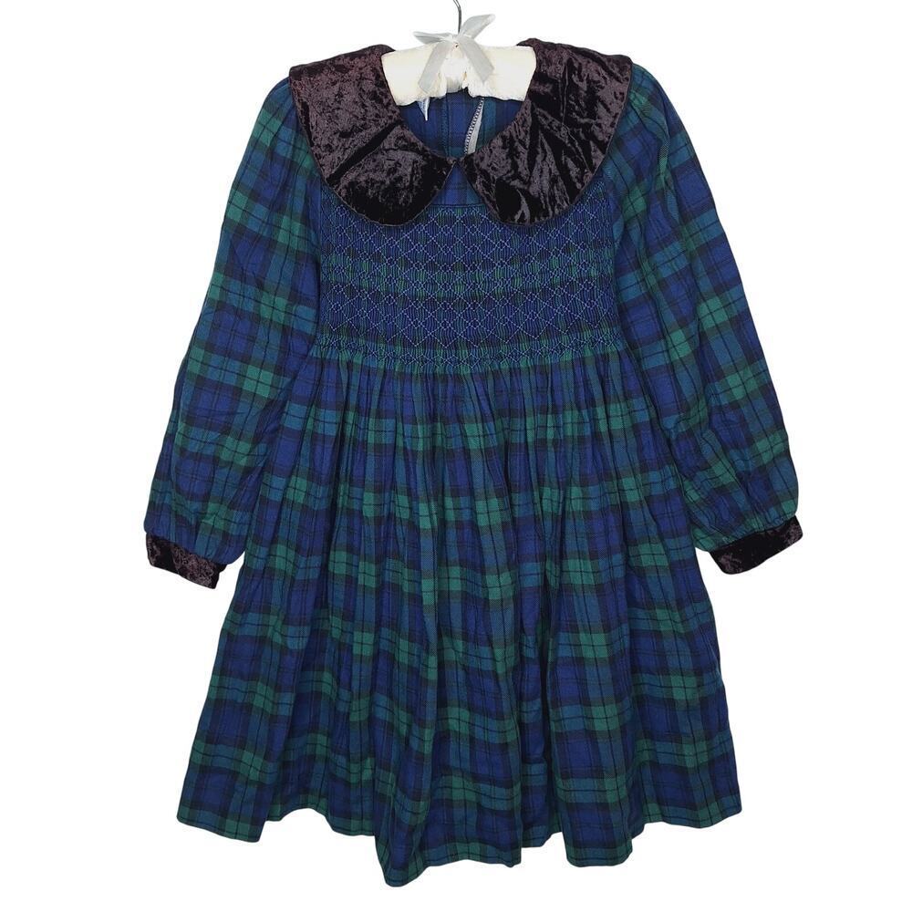 VTG Christie Brooks Tartan Plaid Dress Smocked Peter Pan Collar Girl 5/6 Holiday